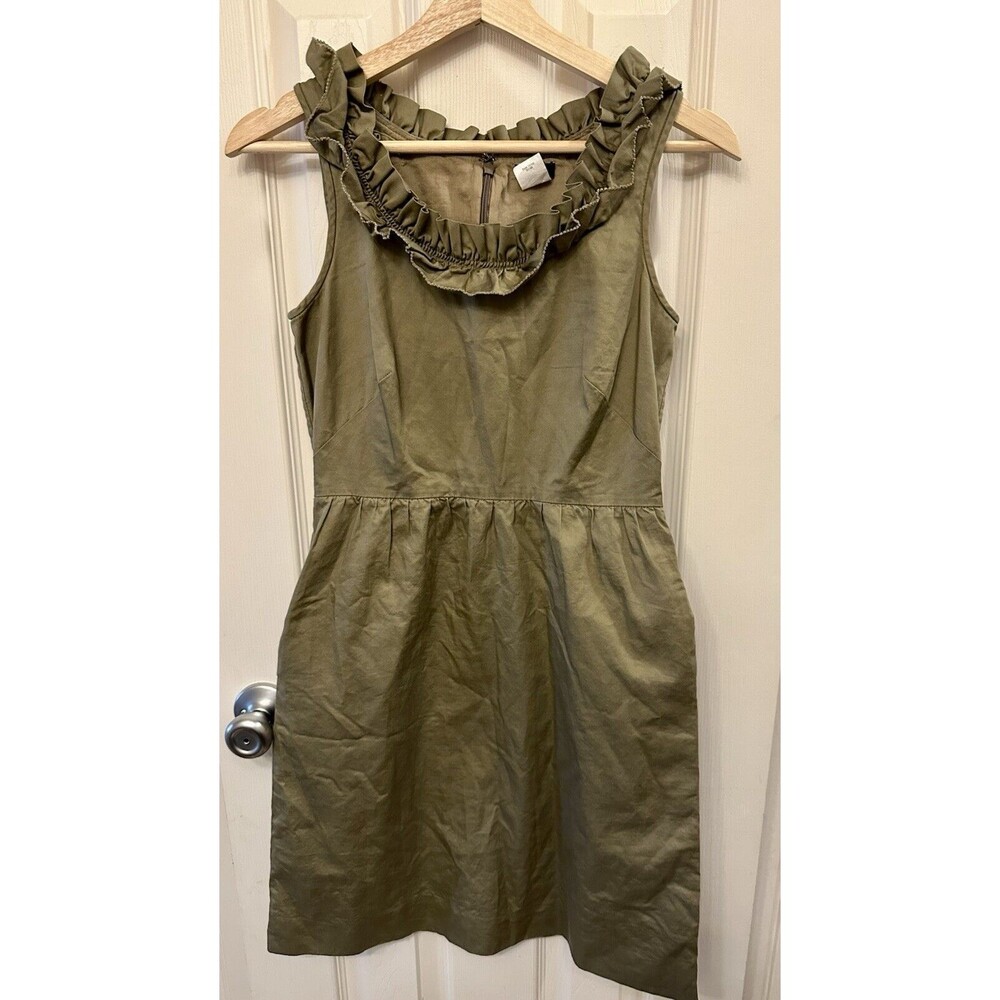 J Crew Olive Green Brown Ruffle Womens Dress‎ Size 0 XS 100% Cotton Pockets EUC